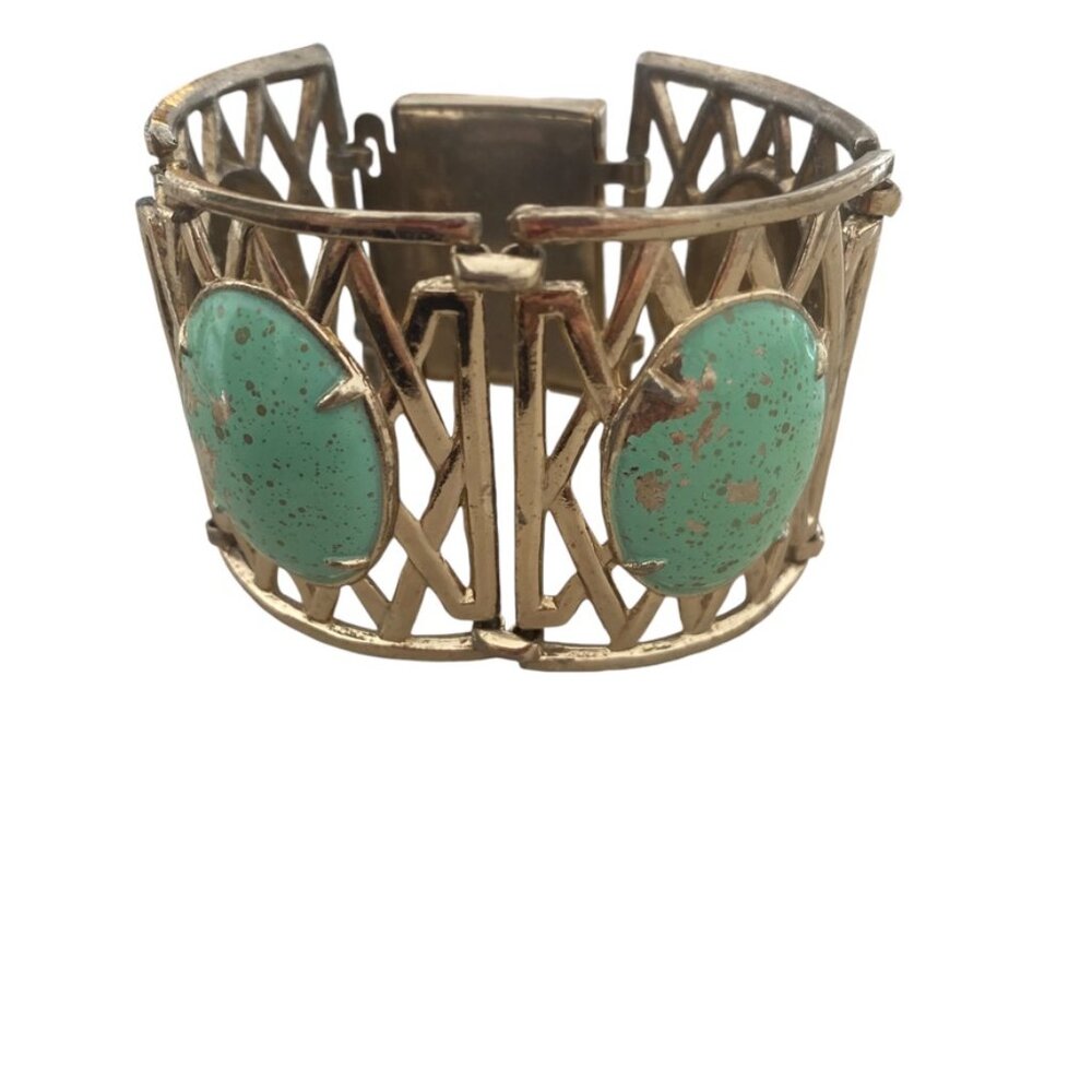Wide Turquoise Enamelled and Silver Panel Bracelate caged gold tone vintage